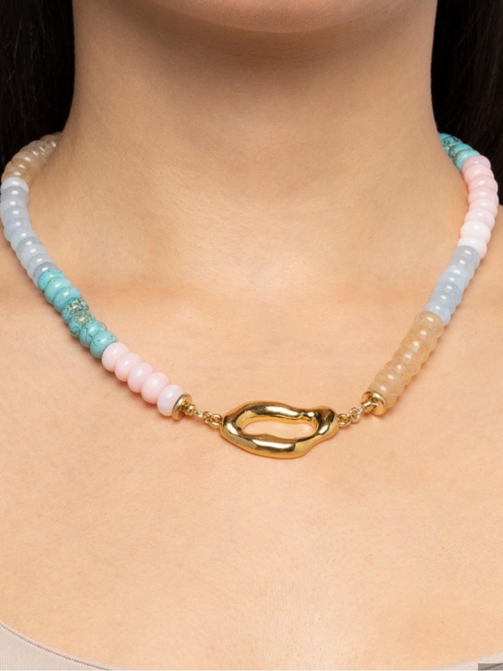 Mayamar Gold Link Multicolor Beaded Necklace — Pink, Blue, Turquoise, Yellow